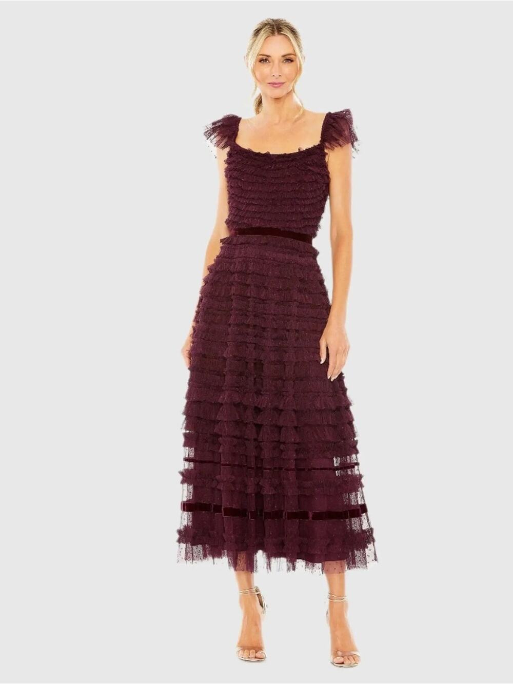 Mac Duggal Purple Ruffle Cap Sleeve Tiered Midi Dress for in Amethyst 10